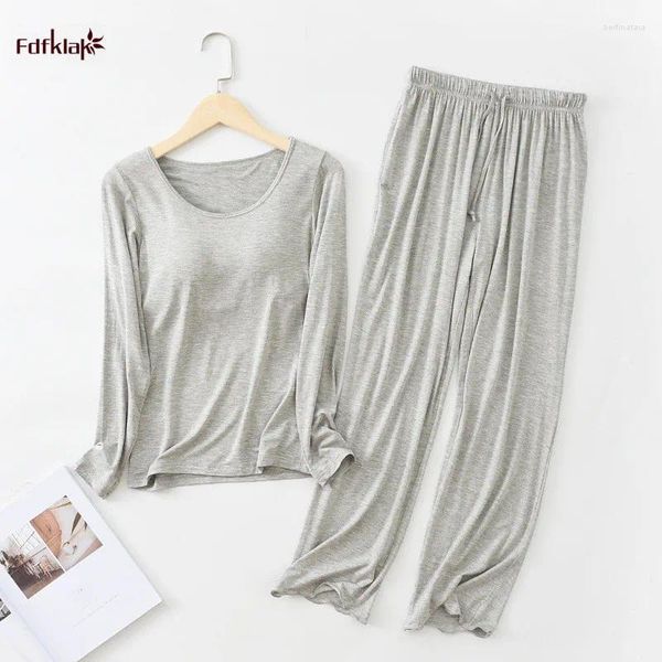 Indumenti da notte da donna Pijama Feminino Pantaloni a maniche lunghe Set da donna in cotone modale Reggiseno casual imbottito Completo intimo invernale da donna