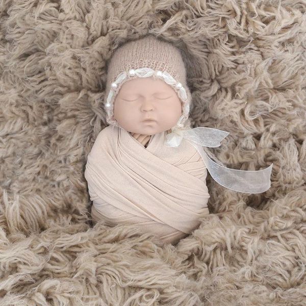 Coperte Jersey Stretch Wrap Born Knit Pearl Hat Set Baby Swaddle Coperta in lana Pography Puntelli