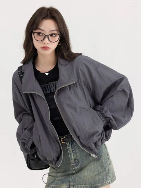 Jaquetas femininas Deeptown Coreano Y2K Cinza Escuro Mulheres Gorpcore Windbreaker Crop Jacket Feminino Harajuku Oversize Zip Up Outdoor Tops