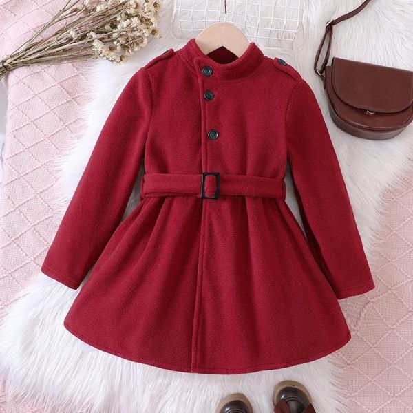 Vestidos de menina 2023 inverno meninas vestido manga longa o pescoço faixas botão vermelho bonito designer princesa vestido 5-10t