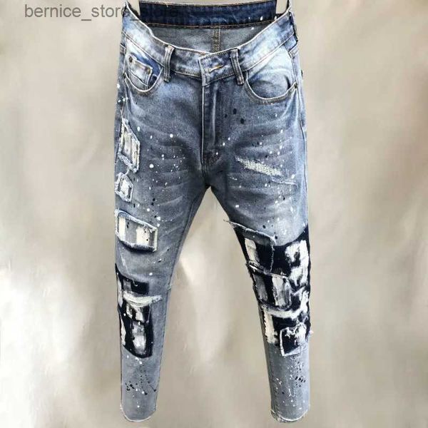Calças masculinas de alta qualidade hip hop jeans homens tendência marca moda calça estilo europeu azul buraco remendo pintura magro pequeno barril reto homens jean q231201