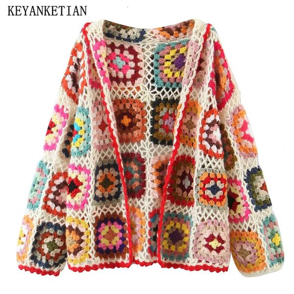 Suéteres femininos KEYANKETIAN outono oco out gancho floral cor malha cardigan senhoras estilo boêmio solto suéter artesanal top fresco 231201