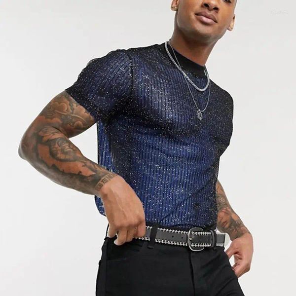 Camiseta masculina moda malha oca transparente fina respirável de manga curta camiseta boate festa camisa de fundo topos roupas masculinas