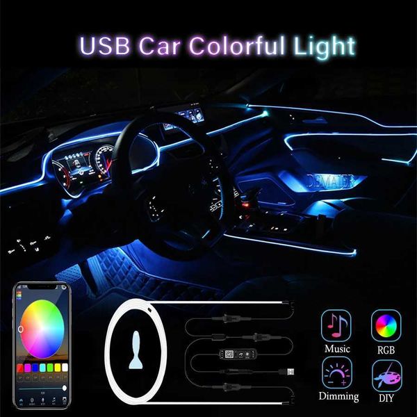 LED Neon Sign Car Neon Light USB LED Interni Atmosfera Luci RGB Luce Fibra ottica APP Musica Auto decorativa EL Striscia flessibile YQ231201