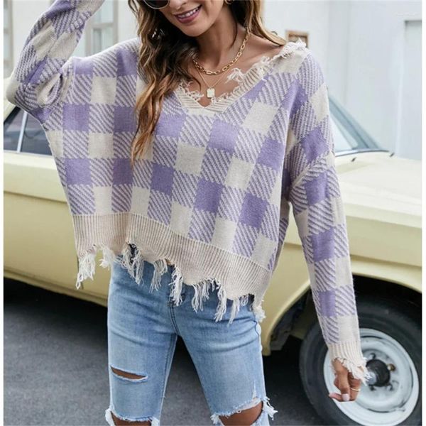 Suéter feminino vintage xadrez de malha suéter borla pulôveres recortados tendência design desgastado mulheres jersey jumpers roupas de moda coreana