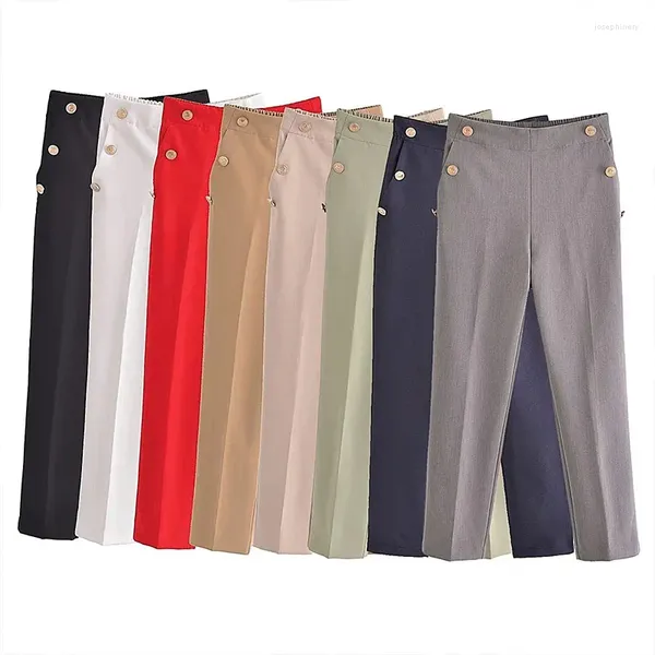 Pantaloni da donna Autunno europeo 2023 Pantaloni casual con bottoni in metallo a vita alta Pantaloni dritti con tasca Slim Nove minuti