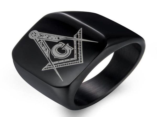 Anéis de cluster Hip Hop Masonic Titanium Ring Homens Mason Square Flat Aliança Aniversário Banda de Casamento para Masculino Preto Ouro Color4189613