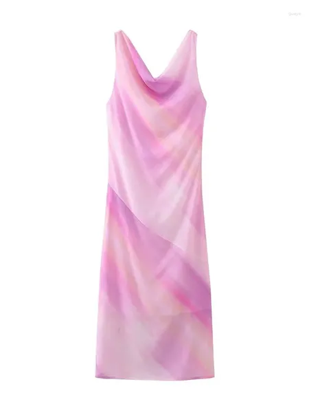 Casual Kleider Elegante Frauen Gedruckt Mid-Kalb Kleid 2023 Sommer Weibliche Pile Kragen Transparent Ärmellose Dünne Gerade Outwear