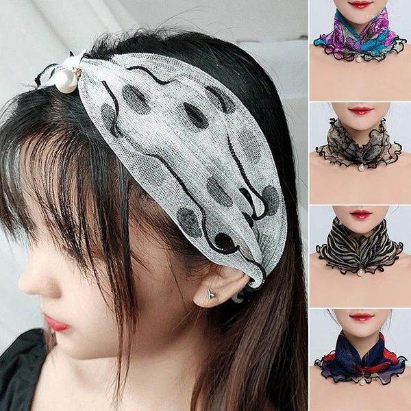 Sciarpe multifunzionali ad alta elasticità Avvolgere il collo con perle Ciondolo in chiffon Foulard lucido Sciarpa di pizzo con volant Sottile e morbida da donna