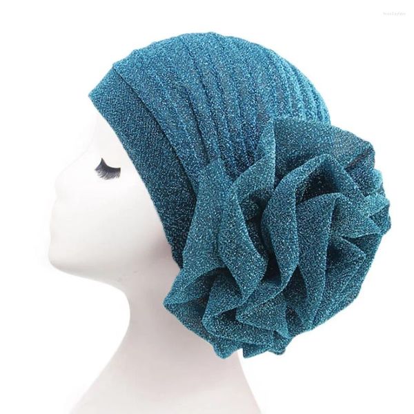 Ethnische Kleidung, elegant, glänzend, Turban-Kappe, für Damen, muslimischer Hijab, islamischer Jersey, Chemo-Kopftuch mit großer Blume, Damen-Wickelbezug