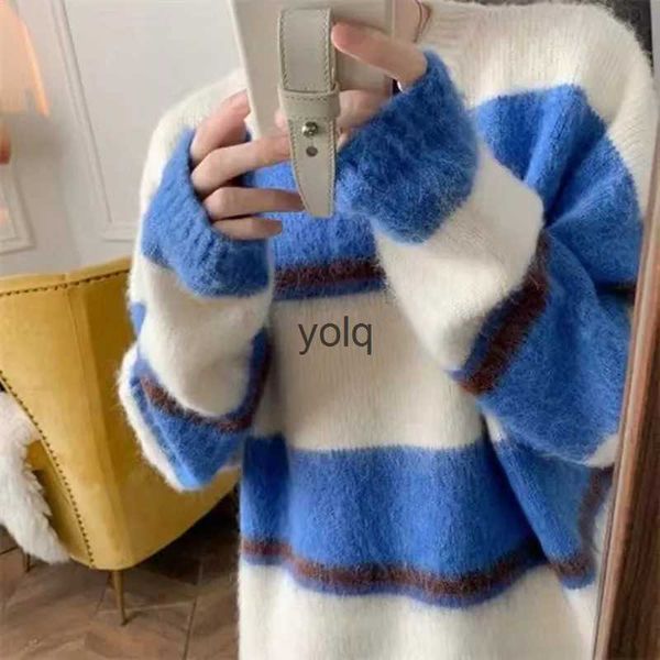 Suéteres masculinos 2023 inverno iened lã suéter listra impressão macia tricô de alta qualidade moda tendência casacos cinza / azul pulloveryolq