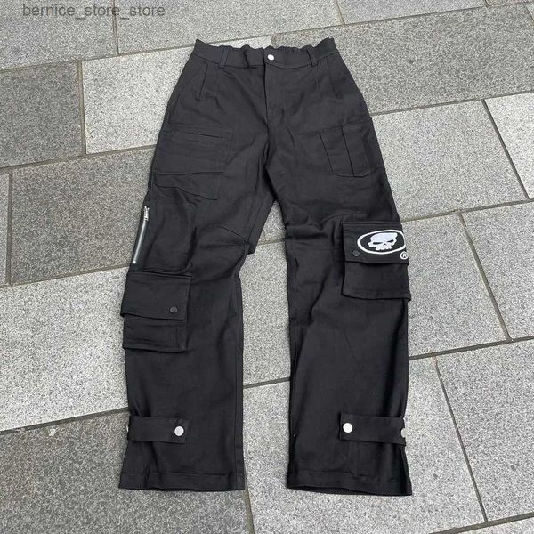 Calças masculinas y2k preto retro crânio impressão calças de carga harajuku streetwear múltiplos bolsos perna larga calças retas mulheres jeans soltos q231201
