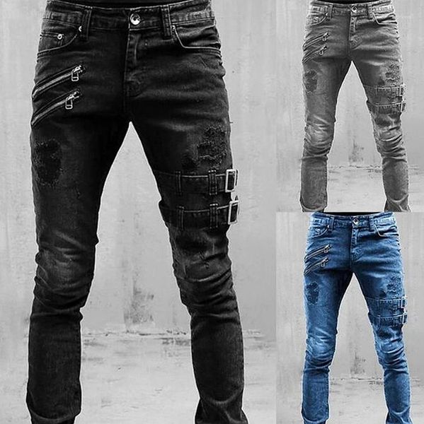 Herren Jeans Gerade Männer Mode Skinny Ripped Hole Mit Reißverschlusstasche Streetwear Schwarz Lässige Hübsche Denim-Hose