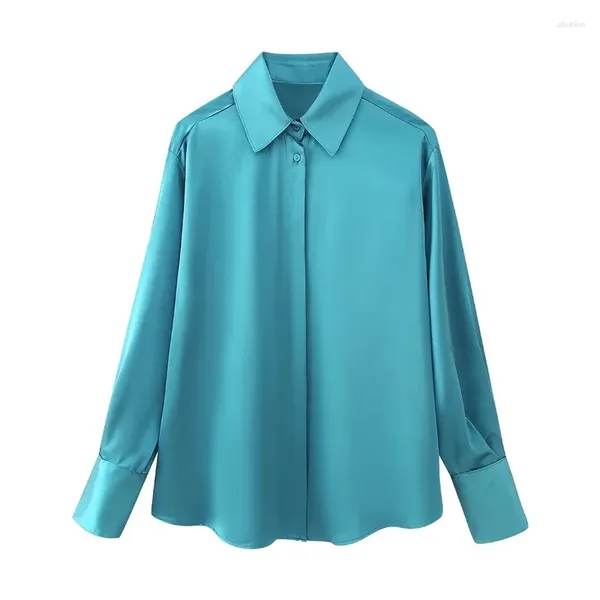 Damesblouses Effen revers Herfst Elegante lange mouwen Satijnen effect Tops Chique Vrouwelijke losse rechte potlood midi-rokken