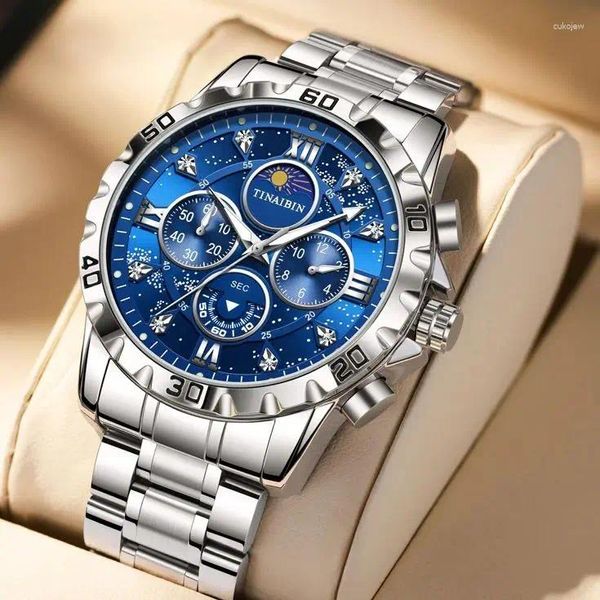 Orologi da polso Top Brand Orologio da uomo di lusso di alta qualità con movimento al quarzo Moon Phase Sky Design Cintura in acciaio Reloj Para Hombre De Lujo TIANBIN