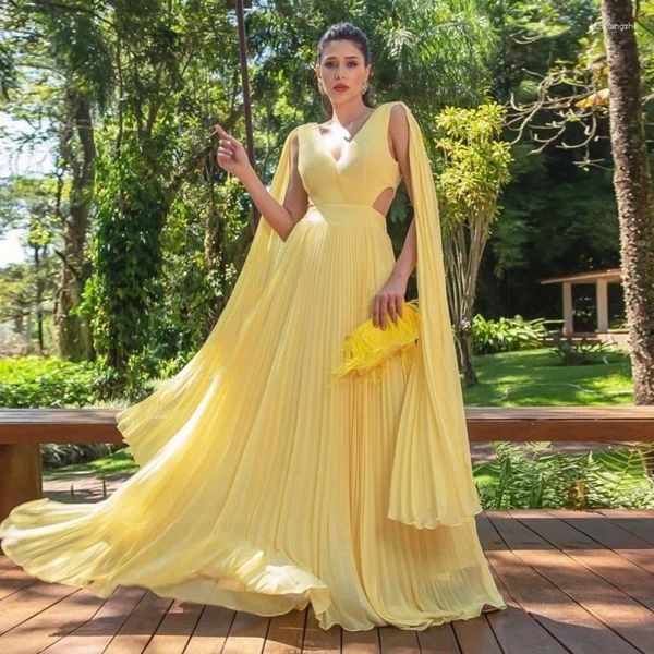 Abiti da festa Eightale Giallo da sera per matrimonio con scollo a V maniche ad aletta in chiffon lunghezza pavimento abito da ballo formale