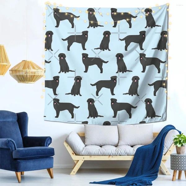 Tapeçarias Cão de laboratório preto em pastel azul decoração de parede tapeçaria com ganchos decorativo presente de aniversário poliéster inodoro