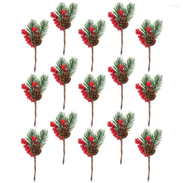 Fiori decorativi 15 pezzi Pigna artificiale Ramoscello Stelo Decor Ramo Accessori per albero di Natale Ghirlande Picks Bacca rossa Schiuma Fiore finto