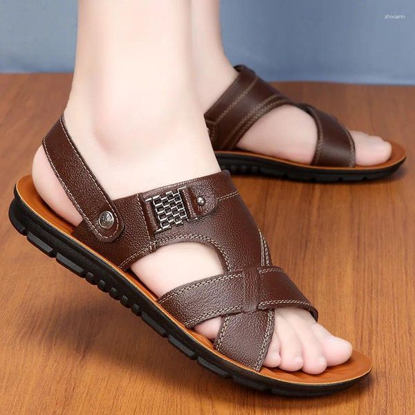 Sandalen Sommer Outdoor Strand Schuhe für Männer 2023 Echtes Leder Offene spitze Plattform männer Kuh Männlich Casual Flache