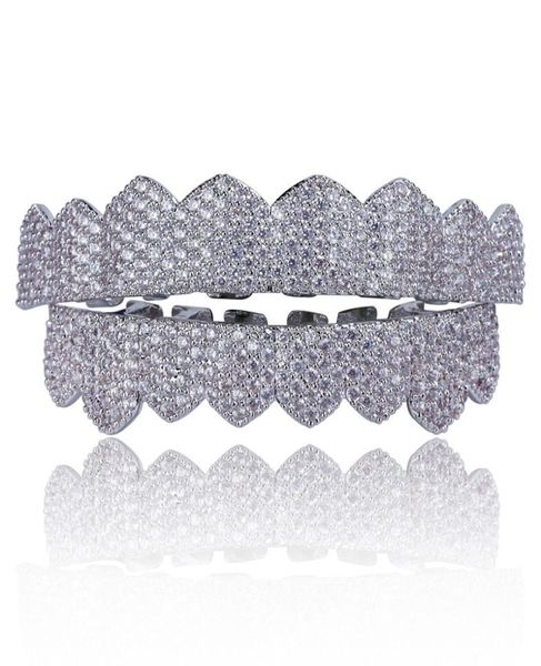 Micro Pave Cubic Zirconia Argento Colore Oro Denti Griglie Hiphop Rocker Halloween Cappucci ghiacciati TopBottom Fang Grills Set Bling Te4373252