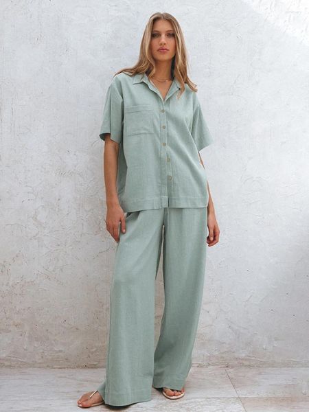 Pijamas femininos Marthaqiqi Casual Senhoras Nightwear 2 Peça Ternos Manga Curta Turn-Down Collar Nightgowns Calças Roupas de Casa para Mulheres