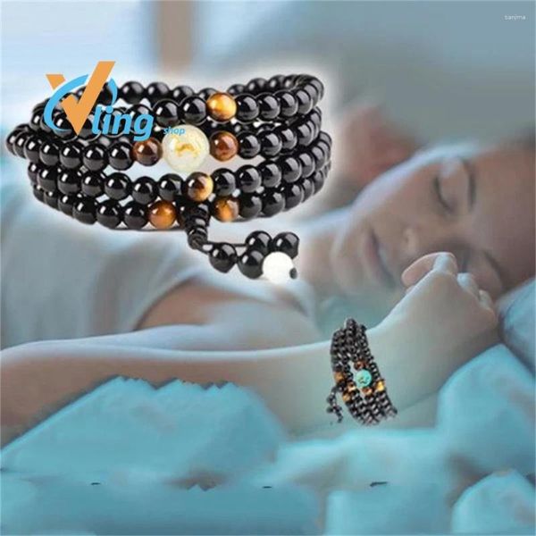 Strand 6/8mm pulseira de obsidiana luminosa yoga preto ônix masculino feminino 108 contas de buda charme jóias olho de tigre