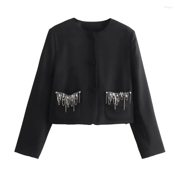 Damenanzüge Luxus Quaste abgeschnitten Blazer Frauen Mode Herbst Langarm Anhänger schwarz kurze Jacke elegante Kette Perlen Mantel Frau