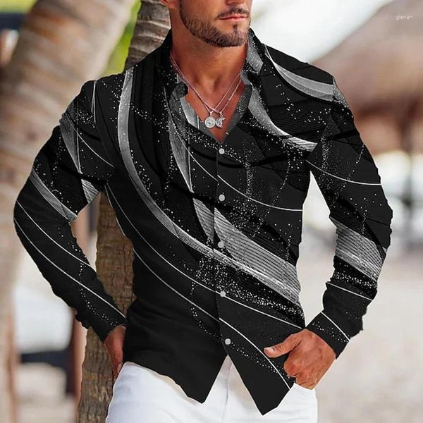 Camisas casuais masculinas 2023 impressão gráfica magro ajuste ouro cinza ao ar livre rua manga longa botão impressão roupas na moda design chique