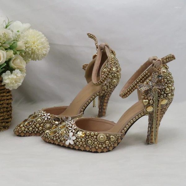 Sapatos de vestido Champagne Golden Pearl Mulher Casamento Moda Sandálias Salto Fino Borla Cristal Lady Party High Bombas