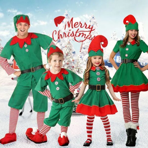 Abiti coordinati per la famiglia Abiti natalizi per la famiglia Elfo verde Babbo Natale Costumi in maschera Calze e scarpe Set per l'anno Natale Famiglia Looks Vestiti 231130