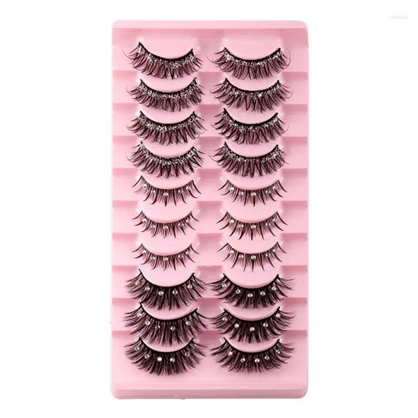 Cílios Postiços Faux Mink Cílios Fuzzy Cat Eyes Diamante Falso 10 Pares Pacote E74C