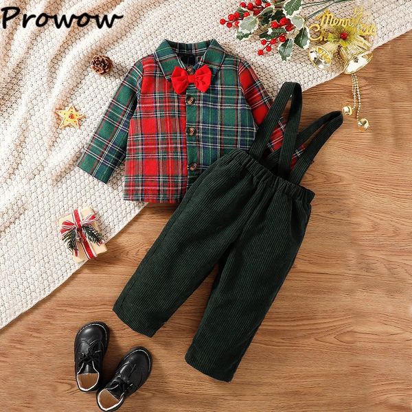 Conjuntos de roupas Prowow 0-3Y Baby Christmas Outfit Meninos Verde Camisas Xadrez Com Gravata Corduroy Macacões Calças Criança Roupas de Natal 231130