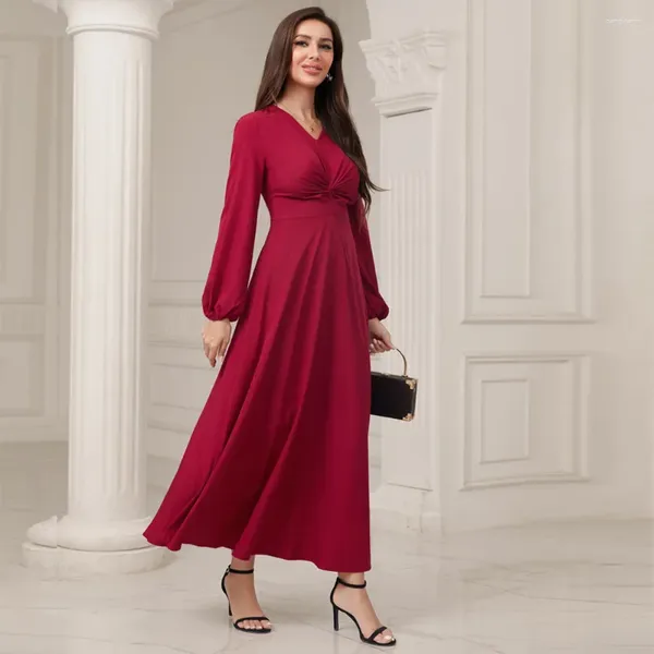 Roupas étnicas Mulheres Eid Vestidos Muçulmanos Abaya Lanterna Manga V Pescoço Vestido de Festa Shirring Abayas Kaftan Dubai Vestidos Sólidos Soltos Alta