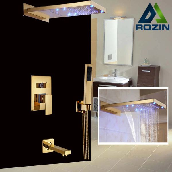 Badkamer Douchekoppen Regen Waterval led Kraan Wandmontage Messing 3 manieren Gouden Mengkraan Plastic Handdouche 231130