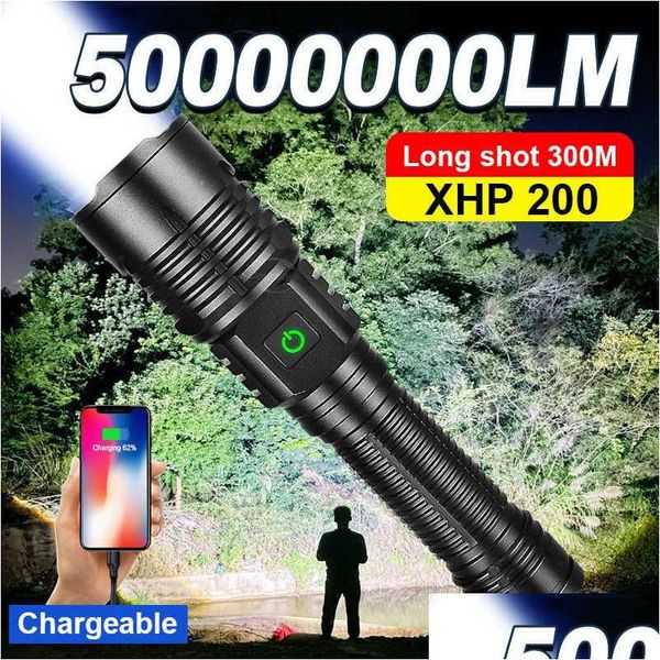 Taschenlampen Taschenlampen 50000000 Lumen LED-Taschenlampe Superhelle wiederaufladbare Taschenlampe Powerf Selbstverteidigung Cam Work Flash Drop Del Dhshp