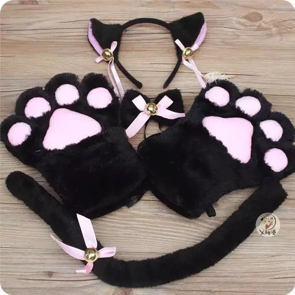 Guanti senza dita 5 pezzi Set Anime Zampa di gatto Orecchio Coda Cravatta Coffee Shop Cameriera Cosplay Gioco di ruolo Gattino Costume Guanti Festa Halloween Carnevale Intero 231201