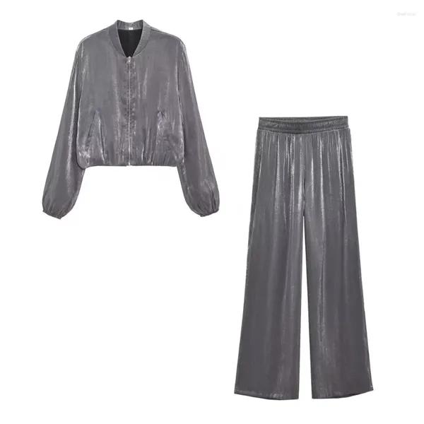 Женские брюки из двух предметов, осенний стиль, праздничная шелковая атласная куртка-бомбер, брюки с высокой талией из металлической фольги 849535080 8400350