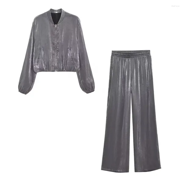 Pantaloni a due pezzi da donna Giacca bomber in raso di seta stile autunno vacanze Pantaloni a vita alta in lamina metallizzata 849535080 8400350