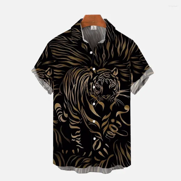 Camicie casual da uomo Camicia culturale con stampa 3D di fascia alta nera e oro Cool Tiger Maglietta estiva a maniche corte hawaiana stile estivo