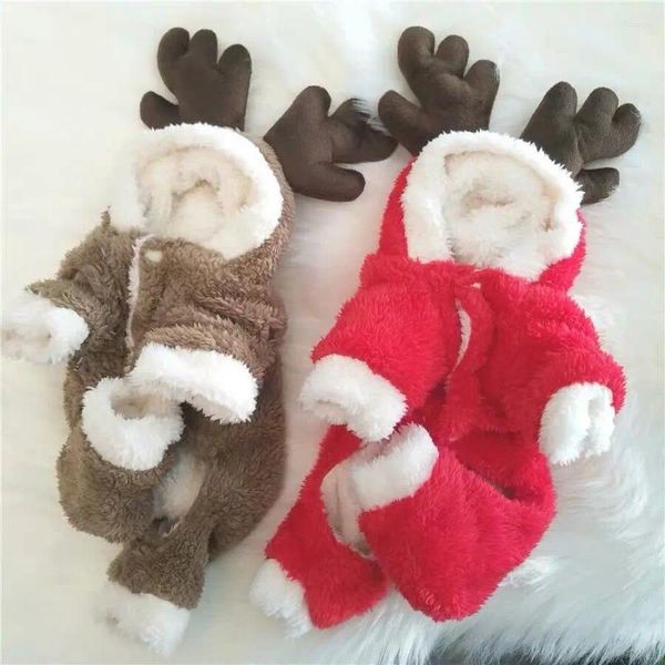 Hundebekleidung, Kleidung, Weihnachtskostüm, Rentier-Overall, Haustierkleidung für Hunde und Katzen, warmer Winter-Overall, Kapuzenmantel, braun, rot