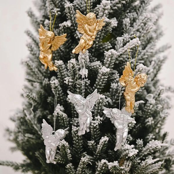 Decorações de Natal pingente ouro e prata pequeno anjo árvore gota ornamentos ano 2024