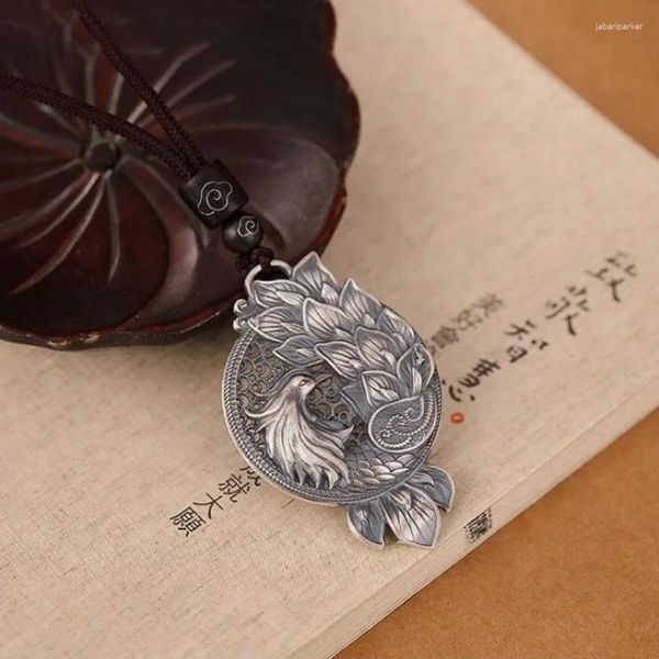 Цепочки в этническом стиле, тайское серебро 925, винтажный ажурный кулон, висит длинное классическое ожерелье с изображением феникса, цепочка на ключицы, банкетные украшения