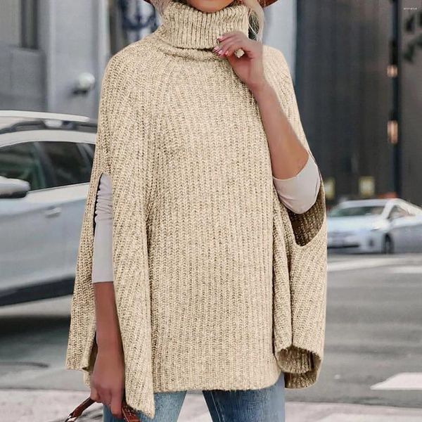 Damenpullover Frühling und Herbst Rollkragen-Poncho-Pullover Mode Grobstrick Cape Wrap Einfarbige Pullover-Pullover-Oberteile