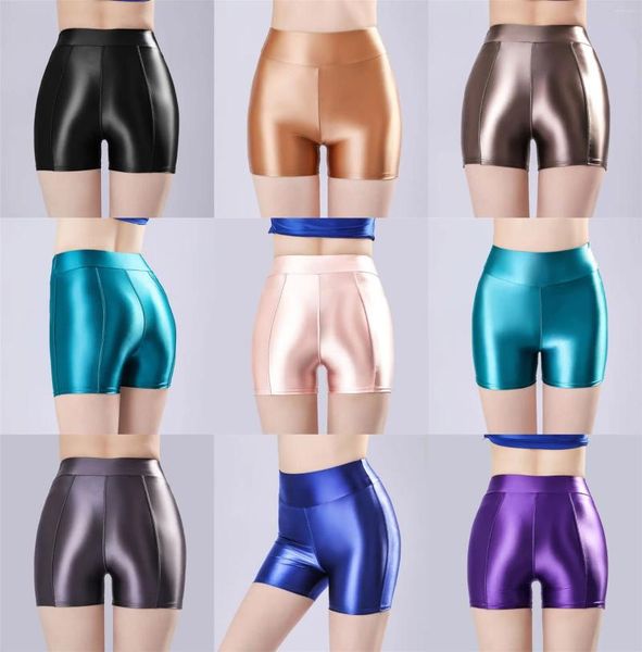 Shorts femininos cetim sexy brilho sólido mulheres calças de cintura alta esporte sedoso treino suave fitness biker correndo calças roupas