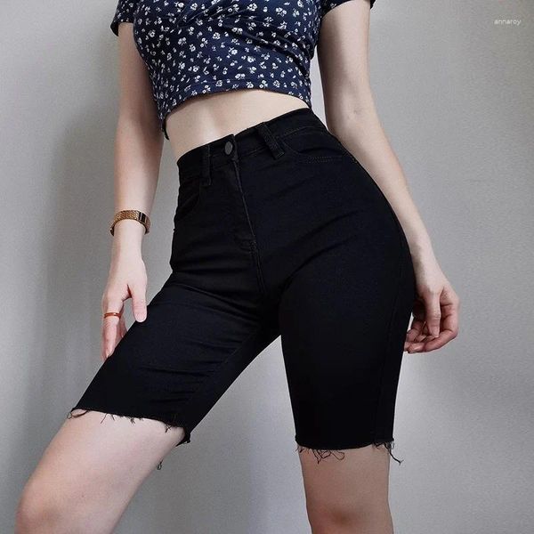 Calças femininas skinny cinco pontos mulheres elásticas cintura alta verão jeans curtos femme tendência desgastado rebarba casual preto denim lápis shorts