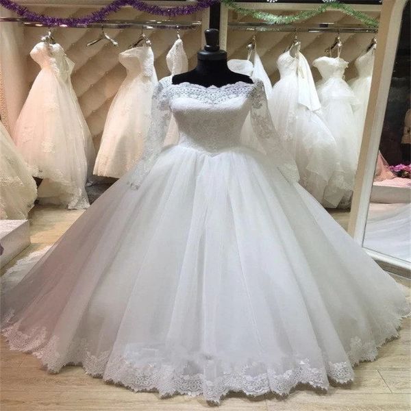 Prenses Laceful Düğün Elbise İllüzyon Uzun Kollu Balo Ball Country Style Gelin Elbise Aplikes Korse Süpürme Trule Gelin Elbise Çiftlik Robe De Mariage 2024