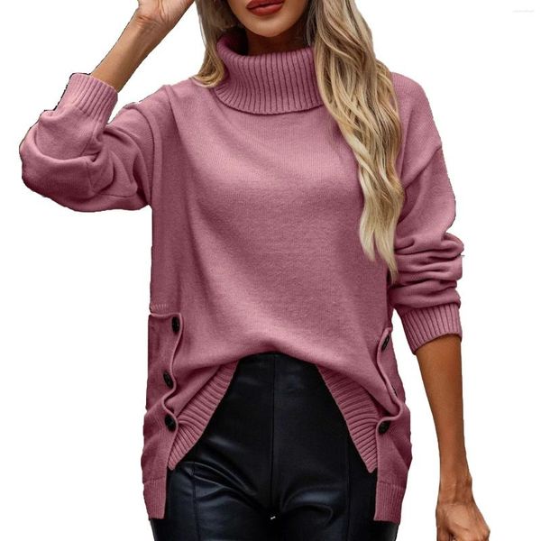 Frauen Pullover Herbst Winter Einfarbig Rollkragenpullover Lange Ärmeln Side Split Button Modische Weiche Tienda