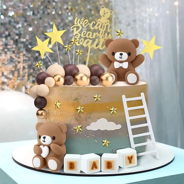 Cake Tools Baby Bär Kuchendekorationen Teddybär Kuchendeckel Baby Junge Mädchen 1. Geburtstag Ballon Cupcake Topper Babyshower Supplies 231130