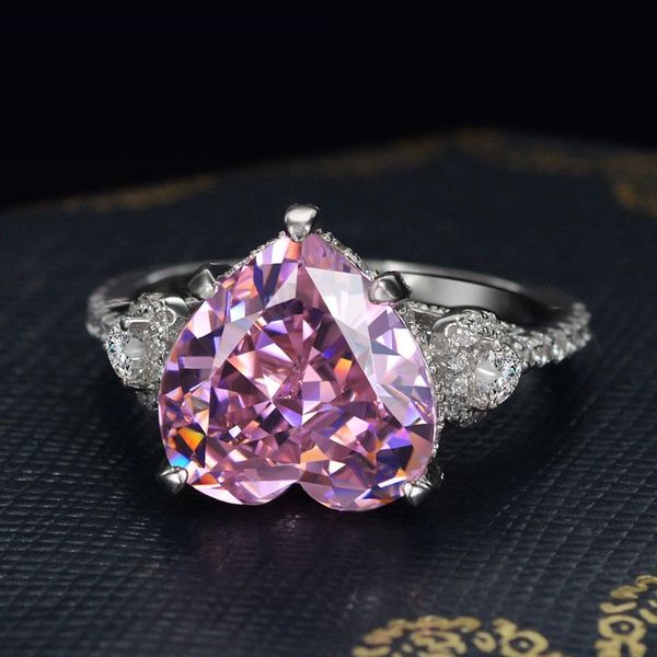 Anello con diamante zaffiro rosa da 5 ct con taglio a cuore Anello in argento sterling 925 originale al 100% con fedi nuziali di fidanzamento per gioielli da donna230L