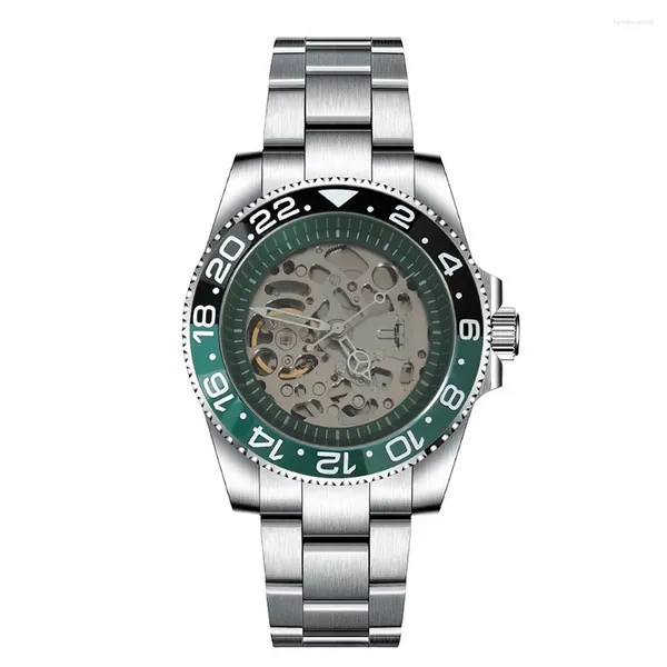 Orologio da polso Orologio Cassa in acciaio di precisione da 40 mm con cinturino in sabbia pieno Vetro zaffiro blu Quadrante cavo Verde Ombra interna Movimento NH70